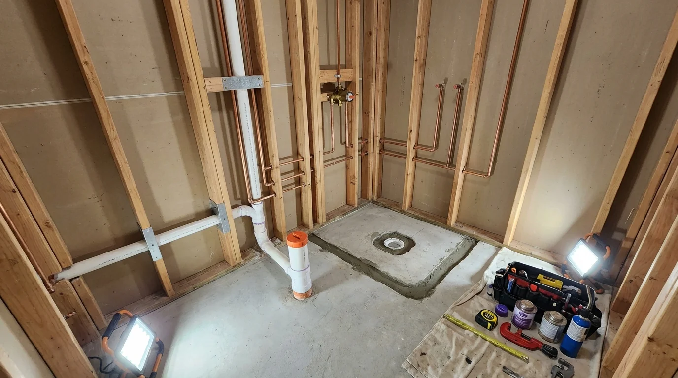 Bathroom rough-in plumbing during remodel by Johns Plumbing LLC in Sun City Center