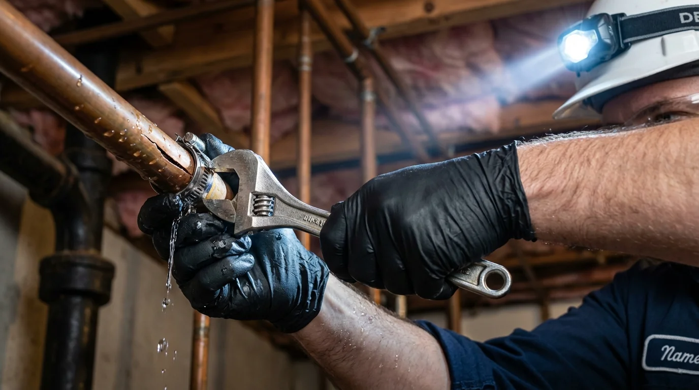 Emergency pipe clamp repair being performed by a Johns Plumbing LLC plumber in Sun City Center