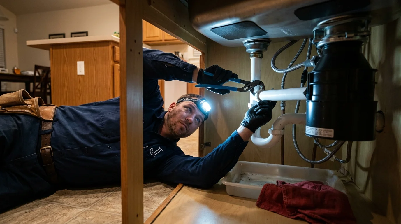 P-trap and supply line connections under a kitchen sink showing a common leak point in Sun City Center, FL